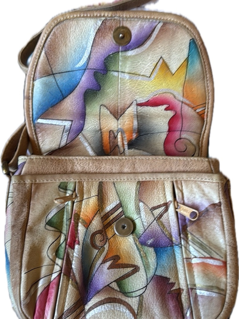 Hand-Painted Multicolor Leather Crossbody Bag as new 9”wide 8.5” tall